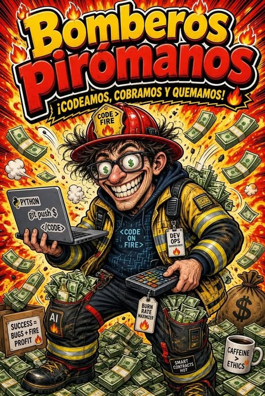 Caricatura de un bombero con una computadora, rodeado de fuego y dinero, bajo el título «Bomberos pirómanos».