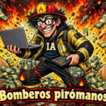 Bombero caricaturesco con «IA» en el pecho, computadora y dinero entre llamas, junto al lema «Bomberos pirómanos».