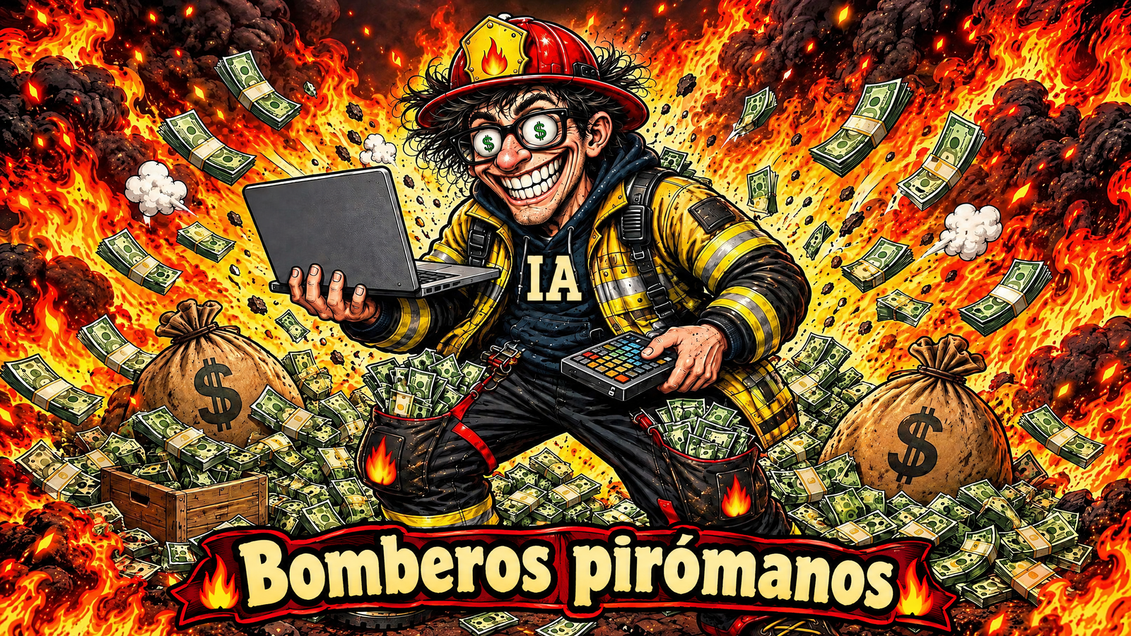 Bombero caricaturesco con «IA» en el pecho, computadora y dinero entre llamas, junto al lema «Bomberos pirómanos».