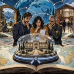 Ilustración alegórica: un liceo militar argentino bajo una campana de cristal, sobre un mapa, frente a distintas experiencias educativas del mundo.