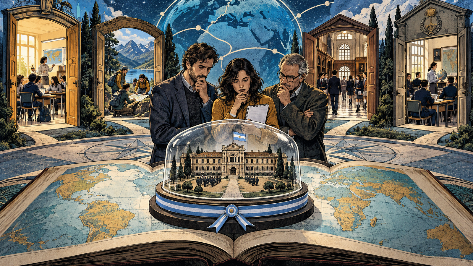 Ilustración alegórica: un liceo militar argentino bajo una campana de cristal, sobre un mapa, frente a distintas experiencias educativas del mundo.