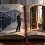 Un libro abierto contrapone una formación de cadetes con un lector apartado y una biblioteca luminosa.