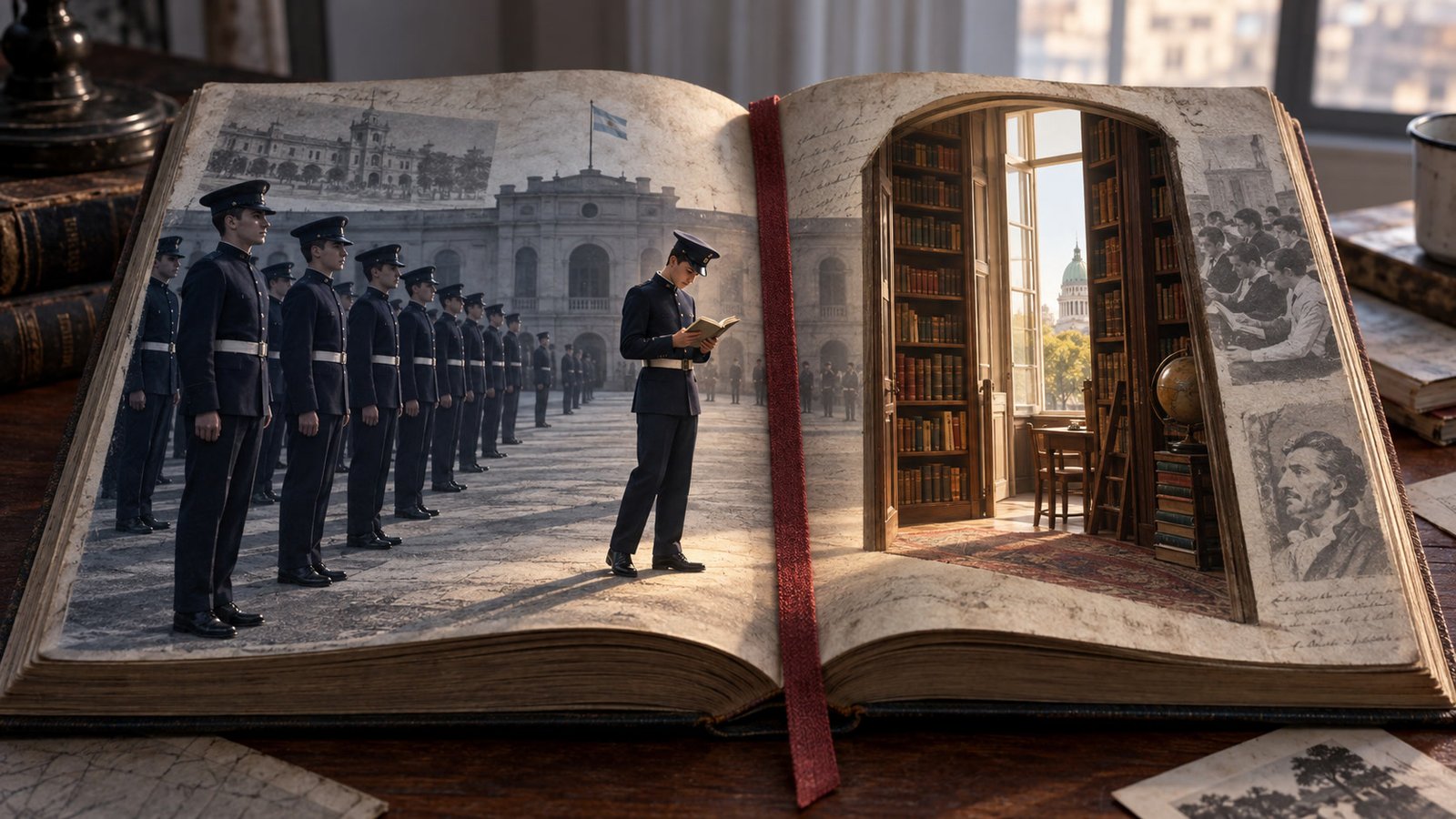 Un libro abierto contrapone una formación de cadetes con un lector apartado y una biblioteca luminosa.