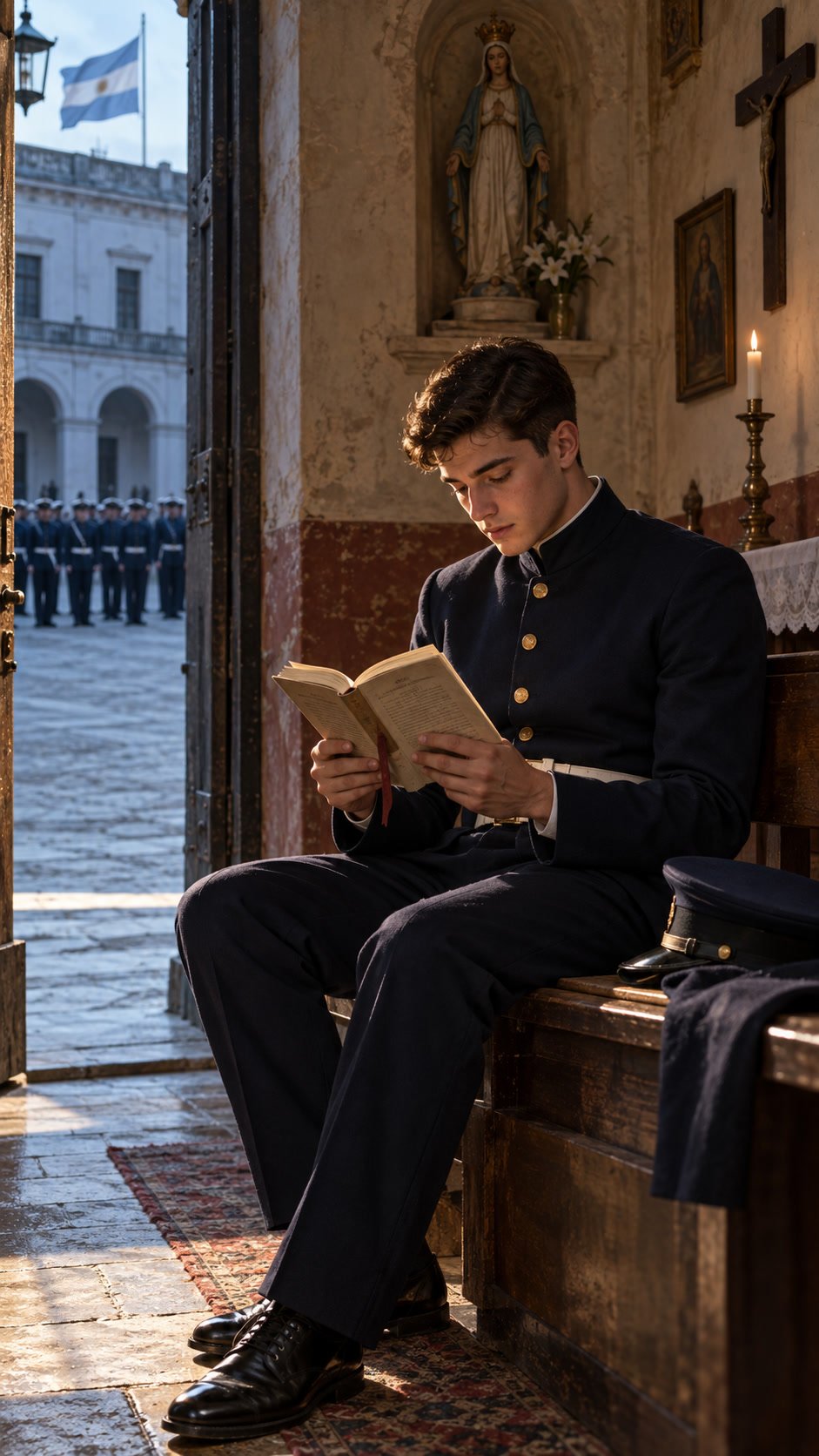 Un joven cadete lee a solas en un oratorio, con su gorra a un lado y una formación visible tras la puerta.
